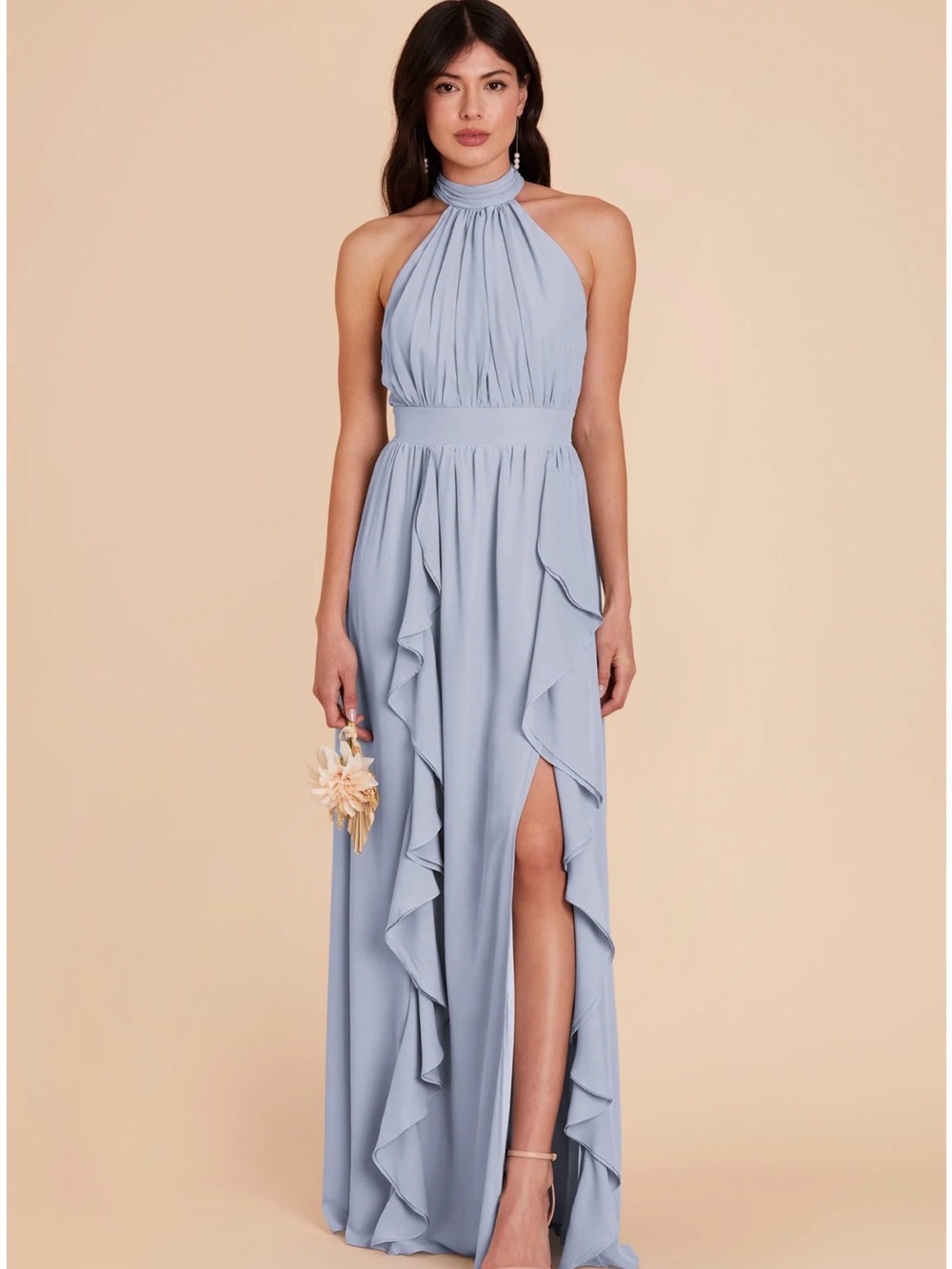 Birdy Grey Light Blue Halter Ruffle Maxi Dress